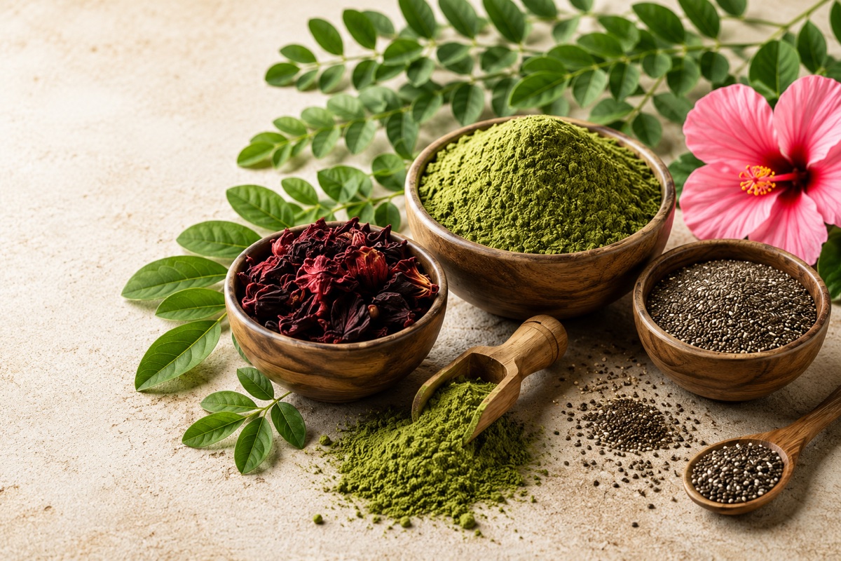 Wooden bowls of dried hibiscus flowers, moringa powder and chia seeds with fresh leaves and a pink hibiscus flower