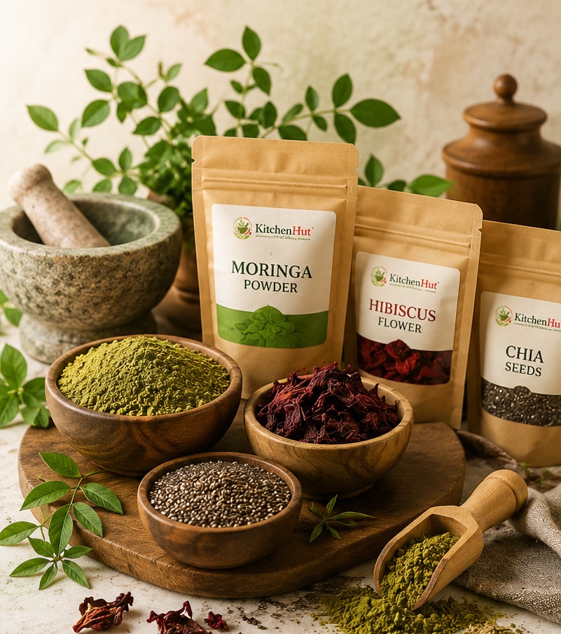 KitchenHut moringa powder, hibiscus flower and chia seeds product packs with bowls of powders